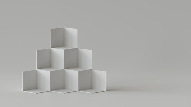 White cube boxes backdrop display on white background. 3D rendering.