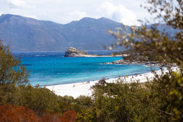 Naklejka premium Top view of the Corsica, France, mountains and turquoise sea background. Horizontal view.