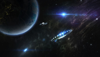 UFO und Satellit im Orbit eines Planeten © Papafox
