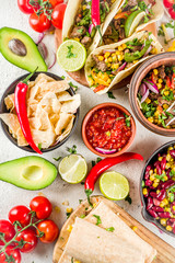 Cinco de Mayo food.Mexican food concept background with taco, quesadilla, burrito, chili, salsa...