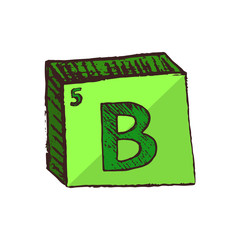 Vector three-dimensional hand drawn chemical green symbol of boron or borium with an abbreviation B from the periodic table of the elements isolated on a white background.