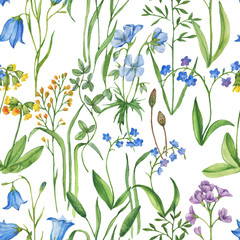 Fototapeta na wymiar Hand-drawn watercolor seamless floral pattern with the different meadow flowers. Vibrant summer floral pattern, print for the textile and wallpapers. Field blossom - Illustration