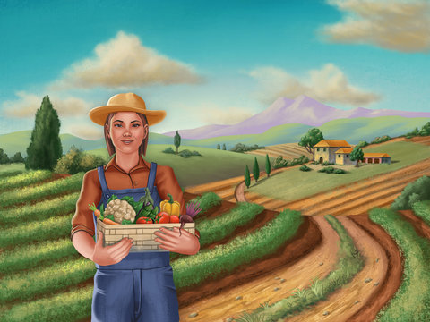Farmer girl in a rural landscape