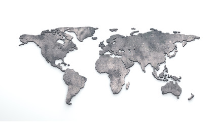 3d world map metal on white background