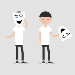 Young chacter in two variations holds happy mask.Hypocrisy,Flat cartoon design.Clip art