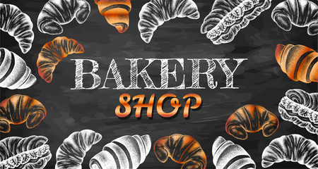 Vector illustration of sketch hand drawn poster with croissants. Vintage bakery shop background. Croissant with filling, custard, cream. Flyer, banner, dessert menu, pastry shop, grocery. Chalkboard.