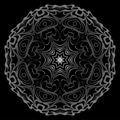 Decorative Elements With Mandala Ornament. Ornamental Floral, Oriental Pattern. Vector Illustration. Indian, Moroccan, Mystic, Ottoman Motifs. Anti-Stress Therapy Pattern. Black, silver color