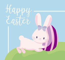 cute rabbit female with egg of easter in landscape