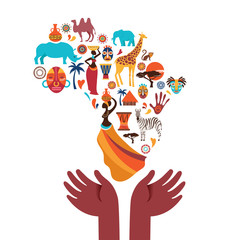 Africa map illustrated with animals icons, tribal symbols. Vector design