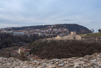 Beautiful panoramic view from Tsarevets fortress to the old town of Veliko Tarnovo and medieval Trapezitsa Fortress in Bulgaria. Panorama