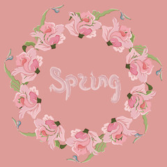 Wreath of roses and leaves. It's spring. Vector illustration.