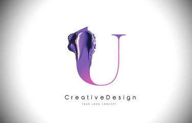 U Letter Design Brush Paint Stroke. Purple u Letter Logo Icon with Violet Paintbrush