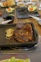 cooking Korean spicy barbecue on table, korean pork, Pork Bulgogi