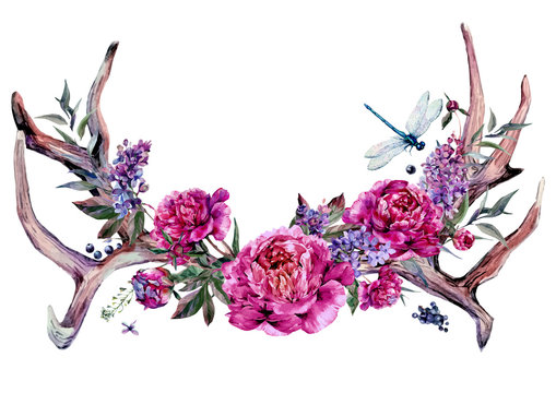 Watercolor Antlers and Flowers. Boho Decoration.