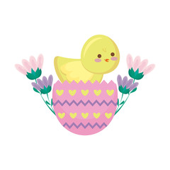 cute chicken of easter in egg with flowers