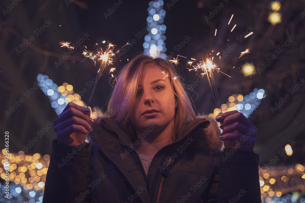 Wall mural winter jacket woman lightnings in city