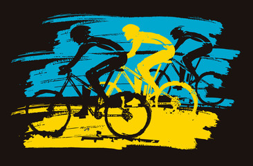 Fototapeta na wymiar Three cyclists, racing, expressive stylized. Three cyclists in full speed. Imitation of hand drawing. Illustration on black background. Vector available.