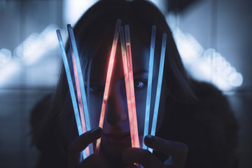 Winter jacket woman lightnings in city