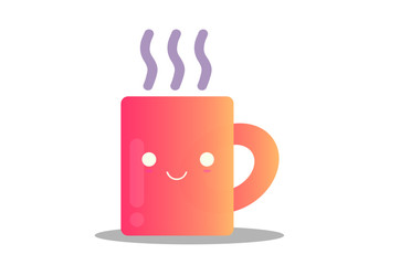 A vector of a bright-colored cute cup with a face and smoke coming out from the top.