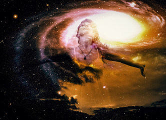 Silhouette of woman on space background.