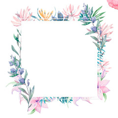 Fototapeta na wymiar Wedding Invitation, floral invite card, pink flowers and green leafs geometric. Rhombus Rectangle frame. White square background. watercolor. Greeting card, tropical set. Living coral