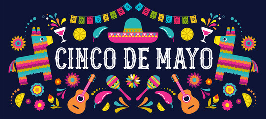 Cinco de Mayo - May 5, federal holiday in Mexico. Fiesta banner and poster design with flags, flowers, decorations