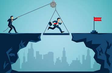Business teamwork concept. Businessmen working together to push the organization to the goal of success. harmonious. creative idea. illustration cartoon vector