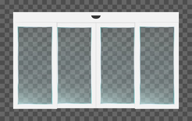 Realistic pvc white automatic transparent closed sliding glass doors with motion sensor. Vector illustration of panoramic entrance.