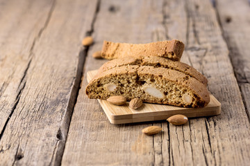 Tasty Traditional Italian Sweets Biscotti or Cantucci on Wooden Background Italian Biscotti for Coffee or Wine Italian Snack Horizontal Copy Space