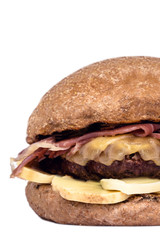 tasty hamburger isolated on white background, made with whole wheat bread and vegetables.