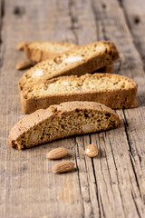 Tasty Traditional Italian Sweets Biscotti or Cantucci on Wooden Background Italian Biscotti for Coffee or Wine Italian Snack Vertical