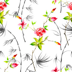 Vintage watercolor Seamless  pattern - flowers, roses branch with buds,stem, bamboo, palm, leaves.  Seamless watercolor background with floral pattern. watercolor flower, rose, peony, dogrose.