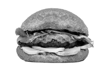 meat and cheese burger with whole wheat bread, isolated white background.