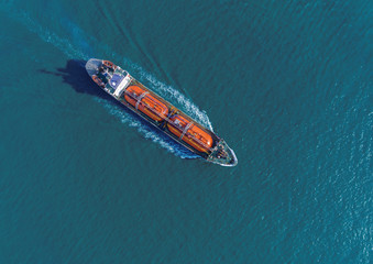 Aerial top view Ship tanker oil or gas LPG full speed for transportation oil from refinery.
