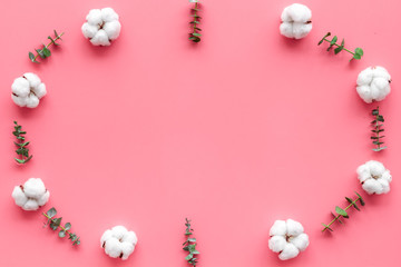 Flowers frame with fresh eucalyptus branches and cotton on pink background top view copy space