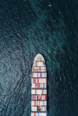 Aerial top view container ship full load container on the deep sea for logistic, import export, shipping or transportation.