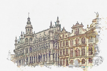 Fototapeta na wymiar Watercolor sketch or illustration of a beautiful view of the architecture on the Grand Place in Brussels in Belgium. Traditional European architecture or buildings