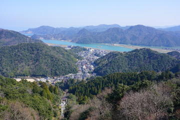 Aerial view of the thermal bath town of Kinosaki Onsen seen from Mount Daishi in Hyogo prefecture, Japan