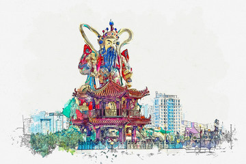 Watercolor sketch or illustration of a beautiful view of the Zuoying Yuandi Temple in Kaohsiung in Taiwan