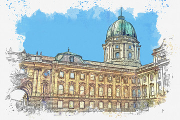 Fototapeta na wymiar Watercolor sketch or illustration of a beautiful view of Buda Castle or the Royal Palace in Budapest in Hungary. Traditional old European architecture or buildings