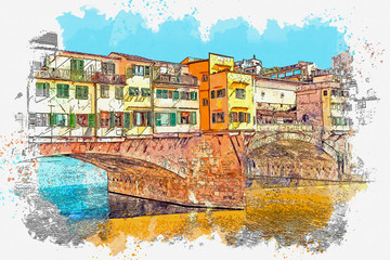Fototapeta na wymiar Watercolor sketch or illustration of the old bridge Ponte Vecchio over the Arno River in Florence in Italy