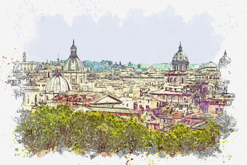 Fototapety  Szkic akwarela lub ilustracja piękny widok na architekturę w Rzymie we Włoszech. Pejzaż miejski lub panoramę miasta