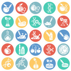 GMO icons set on color circles white background for graphic and web design. Simple vector sign. Internet concept symbol for website button or mobile app.