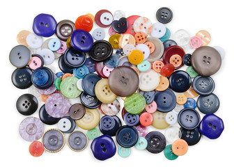 Group of multicolored sewing buttons isolated on white background. Tailoring concept. Flat lay.