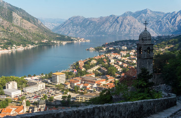 Fototapeta na wymiar Church of Our Lady of Remedy and Bay of Kotor, Montenegro