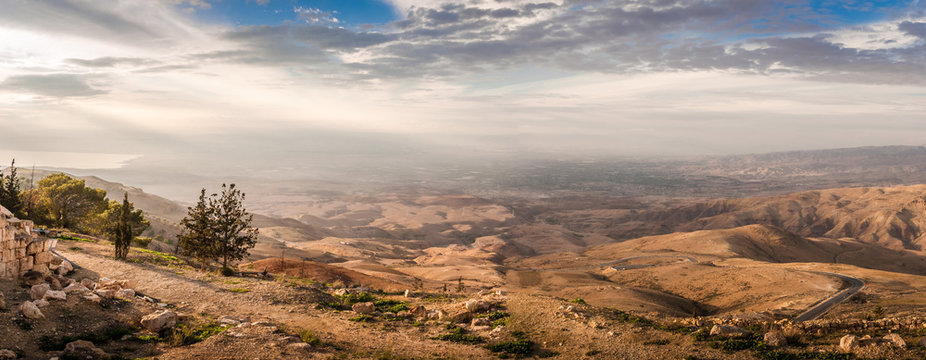 Panorama of the Holy Land from the Mount Nebo in Jordan, Middle East