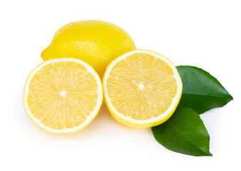Closeup fresh lemon fruit slice with green leaf on white background, food and healthy concept