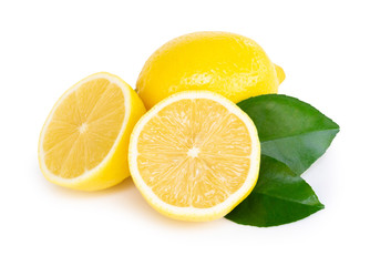 Closeup fresh lemon fruit slice with green leaf on white background, food and healthy concept