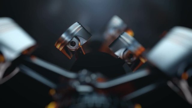 3d footage. V8 motor with working pistons and crankshafts inside camera view. Concept of automobile engine
