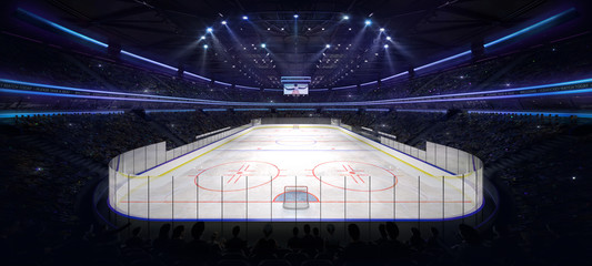 grand ice hockey arena indoor view illuminated by spotlights, hockey and skating stadium indoor 3D render illustration background, my own design © LeArchitecto